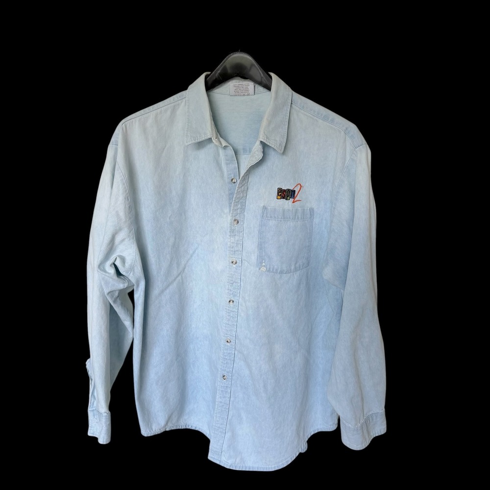 90's ESPN2 Denim Shirt XL Light Wash Distressed Made in USA 90s‎ Sport